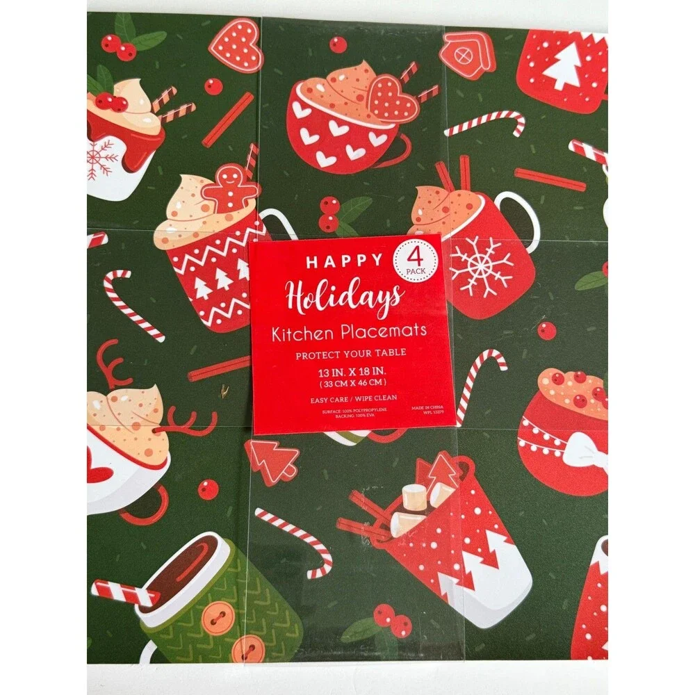 Christmas Hot Chocolate Placemats Set of 4 Vinyl Foam Back Holiday 13x18